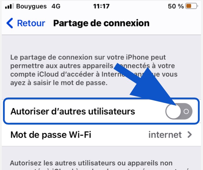 Menu d'autorisation d'autres utilisateurs à bénéficier du partage de connexion