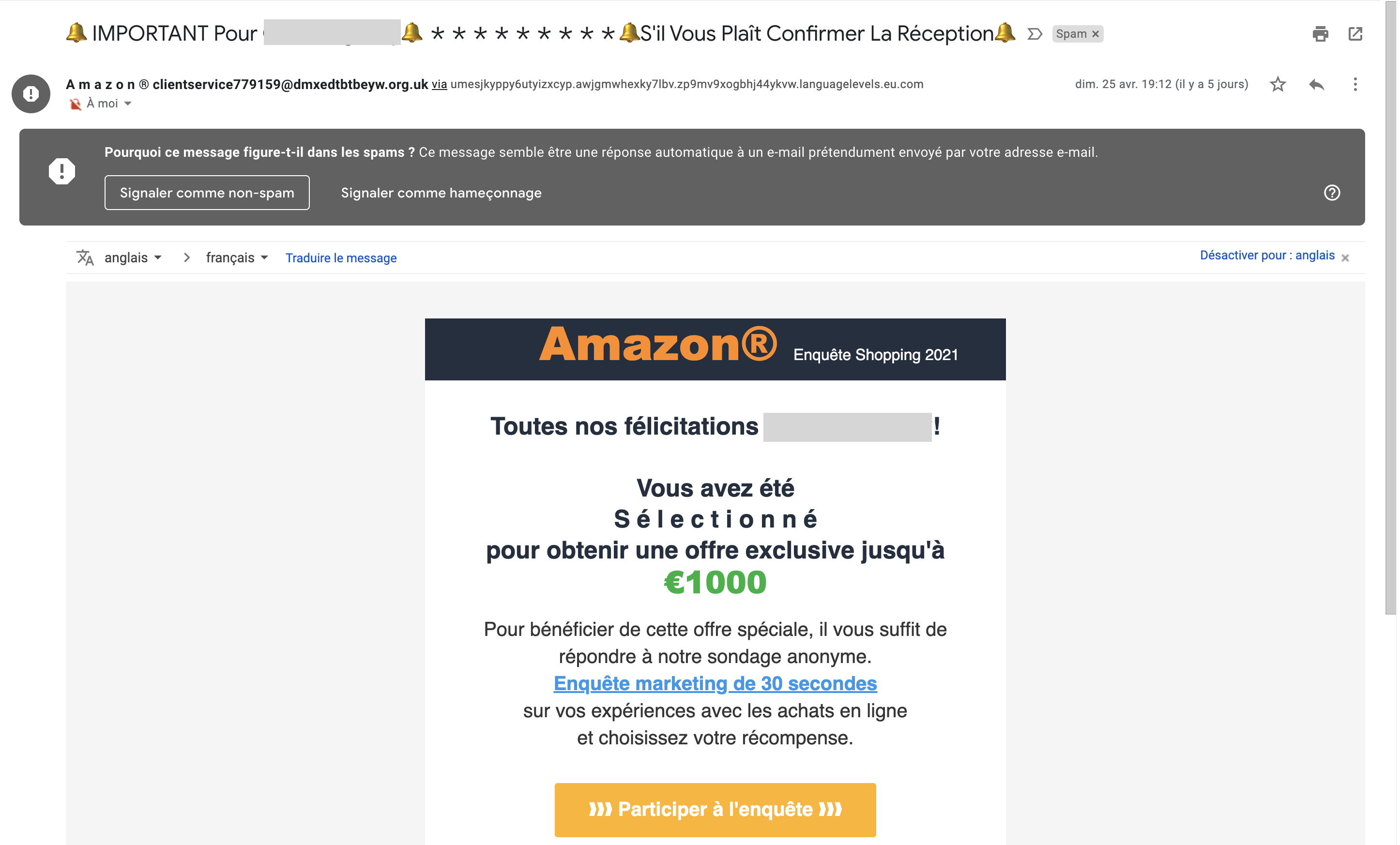 Exemple d'email frauduleux amazon