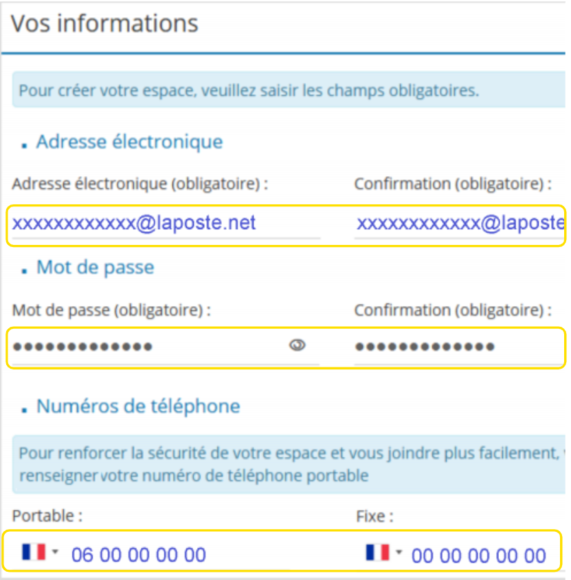 Rubrique Vos informations où l'on saisit son adresse électronique, son mot de passe et ses numéros de téléphone.