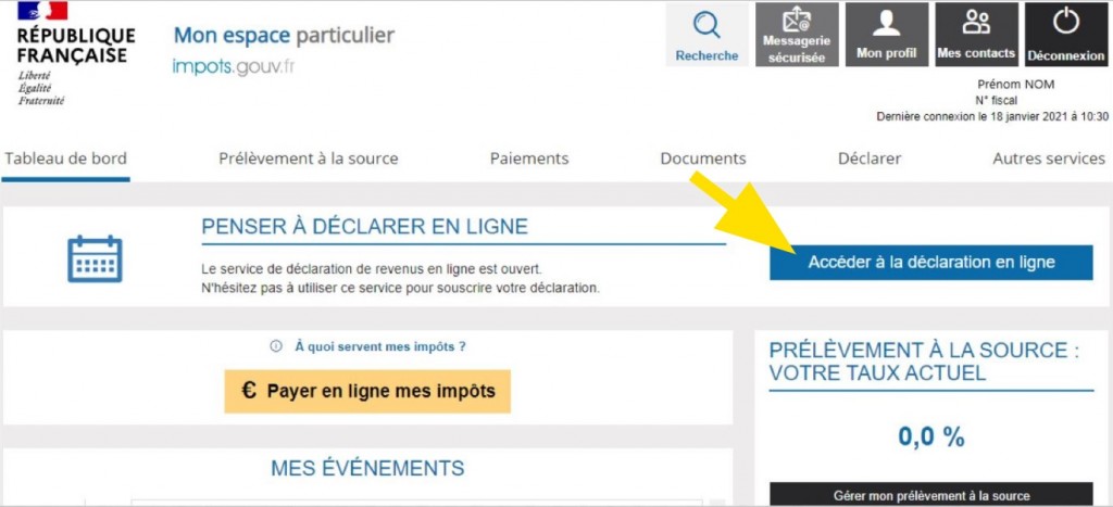 Bouton pour Accéder à la déclaration en ligne sur le site des impôts