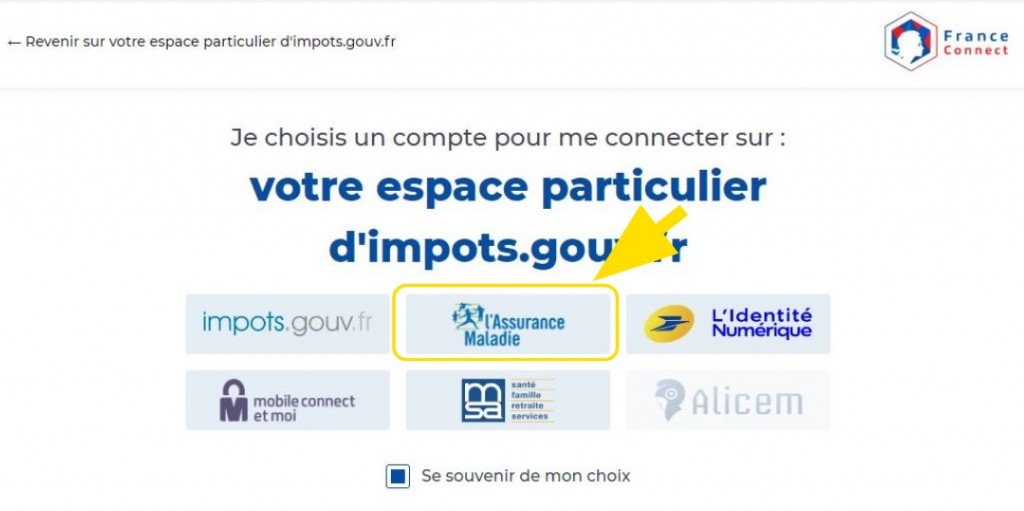 Bouton pour choisir l'organisme sur France Connect (exemple: Ameli)