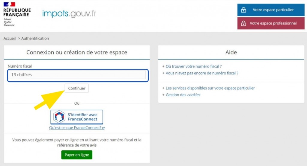 Formulaire de saisie du numéro fiscal sur le site des impôts