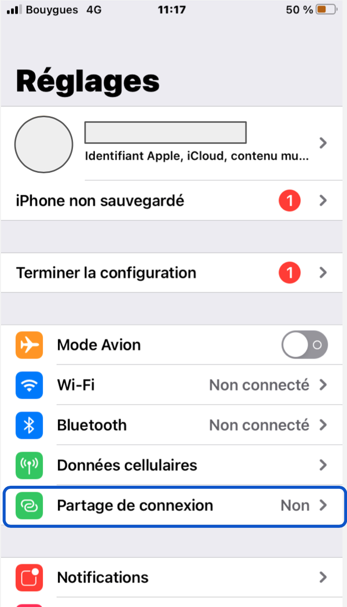 Accéder au sous-menu du partage de connexion