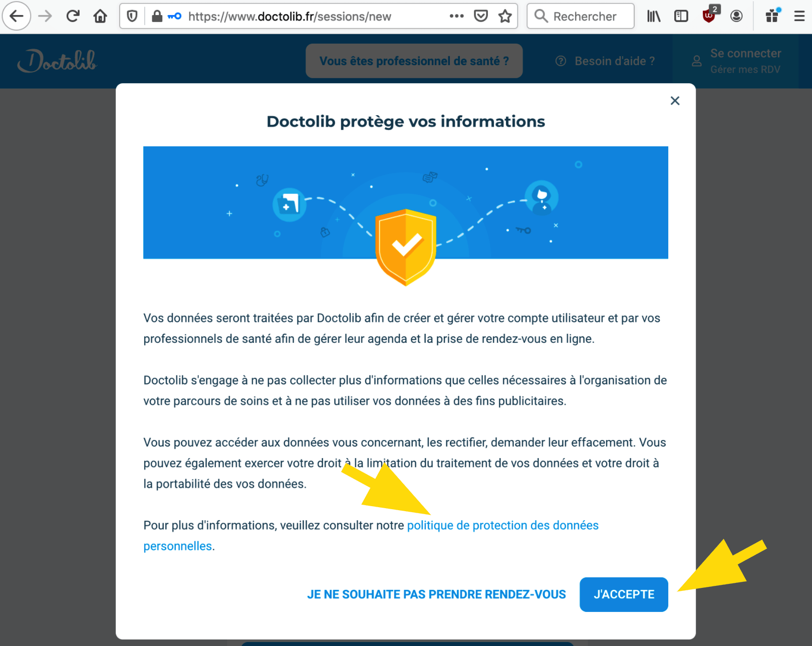 Lien vers la politique de protection de données personnelles de Doctolib et bouton pour l'accepter