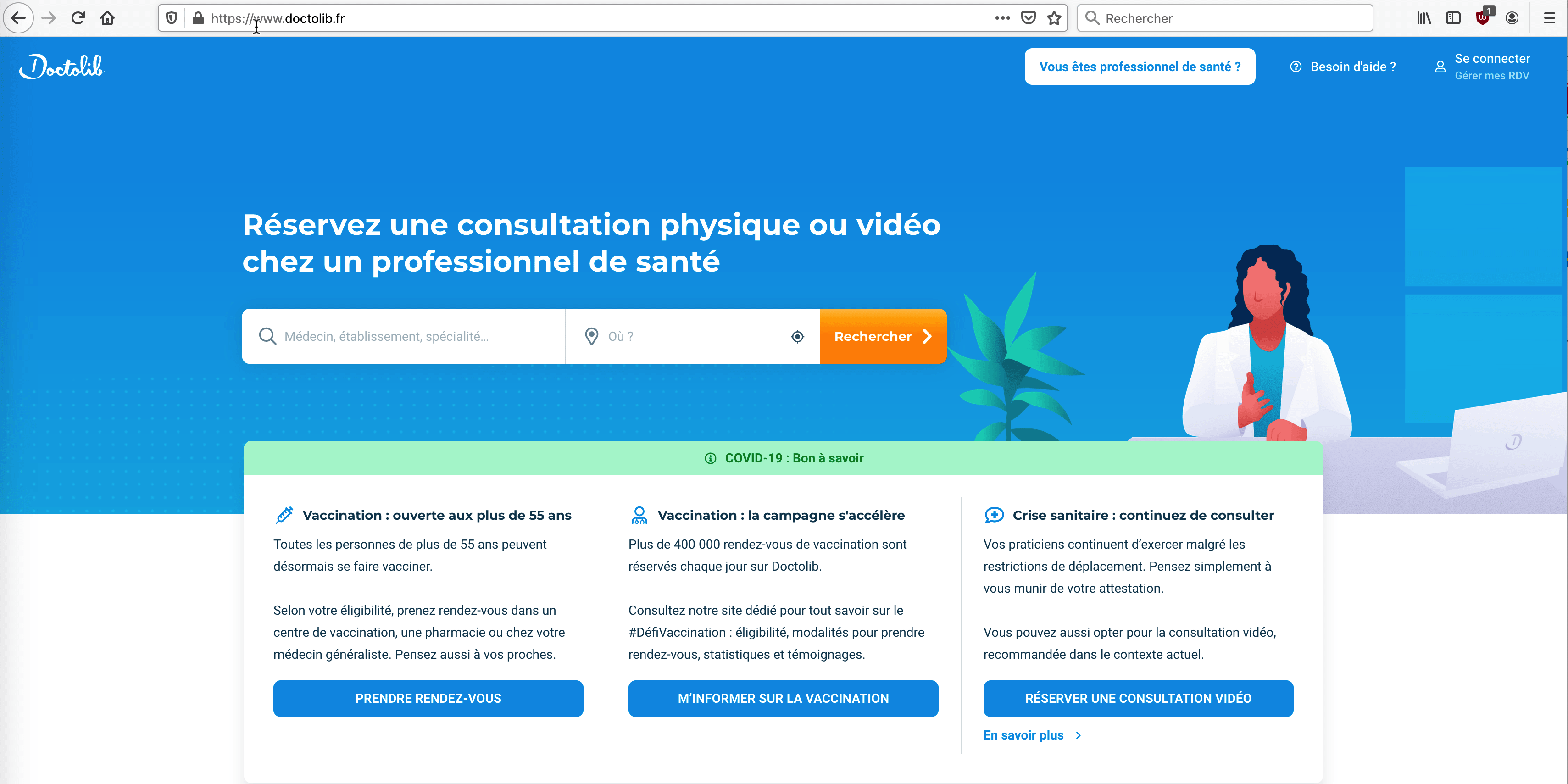 Page d'accueil du site Internet Doctolib