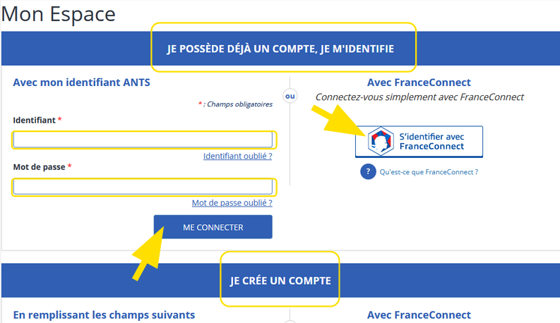Partie de la page pour s'identifier si je possède un compte ou avec le bouton France Connect