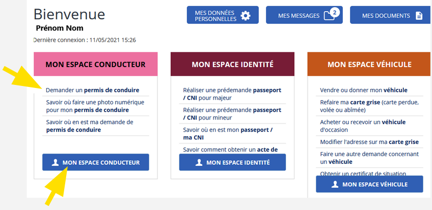 Page une fois connecté, avec les 3 espaces et le bouton Mon espace conducteur