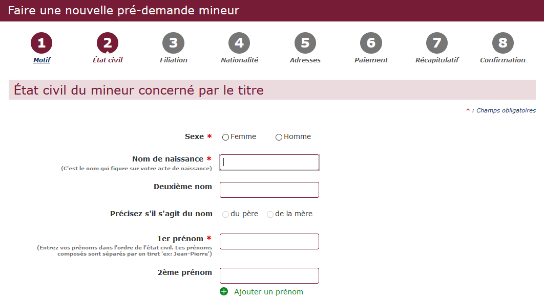 Partie état civil avec le formulaire de pré-demande d'un passeport