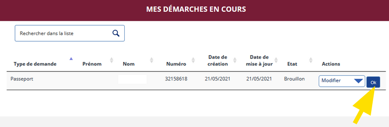 Partie mes démarches en cours avec le bouton Ok pour modifier votre demande