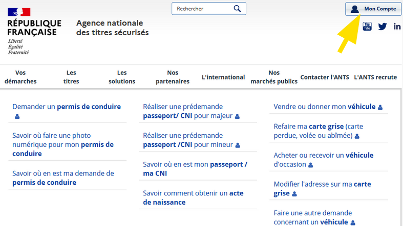 Page d'accueil du site de l'ANTS et le bouton Mon Compte