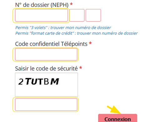Formulaire de connexion avec le code confidentiel Télépoints et bouton connexion