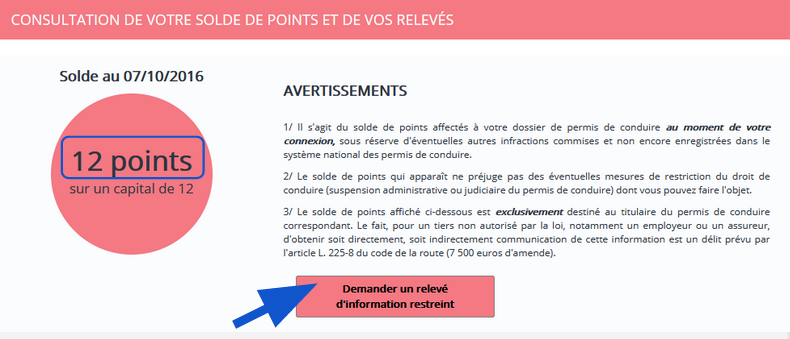 Page de consultation du solde des points et du Relevé d'information restreint