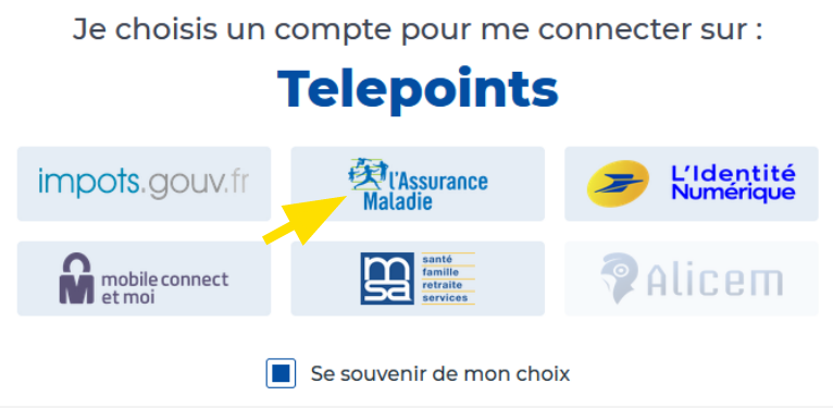 Partie de la page pour choisir le compte pour se connecter sur Télépoints