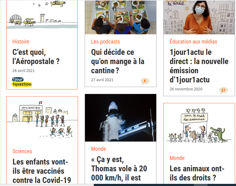 Des extraits d'article de la page d'accueil du site 1jour 1actu. C'est quoi l'Aéropostale ? Les animaux ont-ils des droits ?