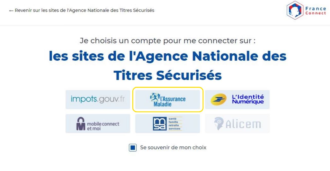 Page pour cliquer sur le compte de l’organisme de votre choix, dans notre exemple Ameli