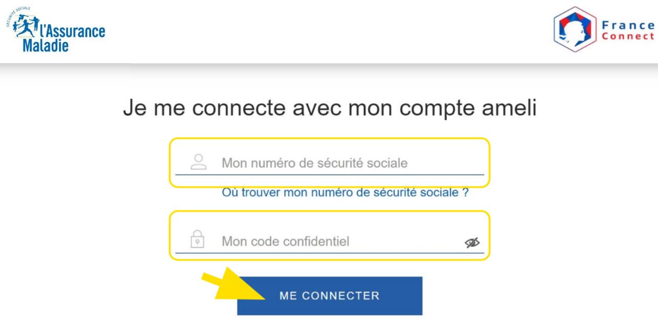 Formulaire pour se connecter avec son identifiant et mot de passe du compte ameli