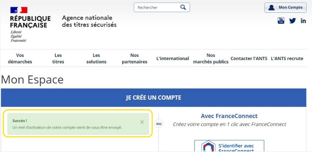 Confirmation de l'envoi du mail d'activation