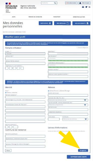 Formulaire des données personnelles à compléter dans le profil