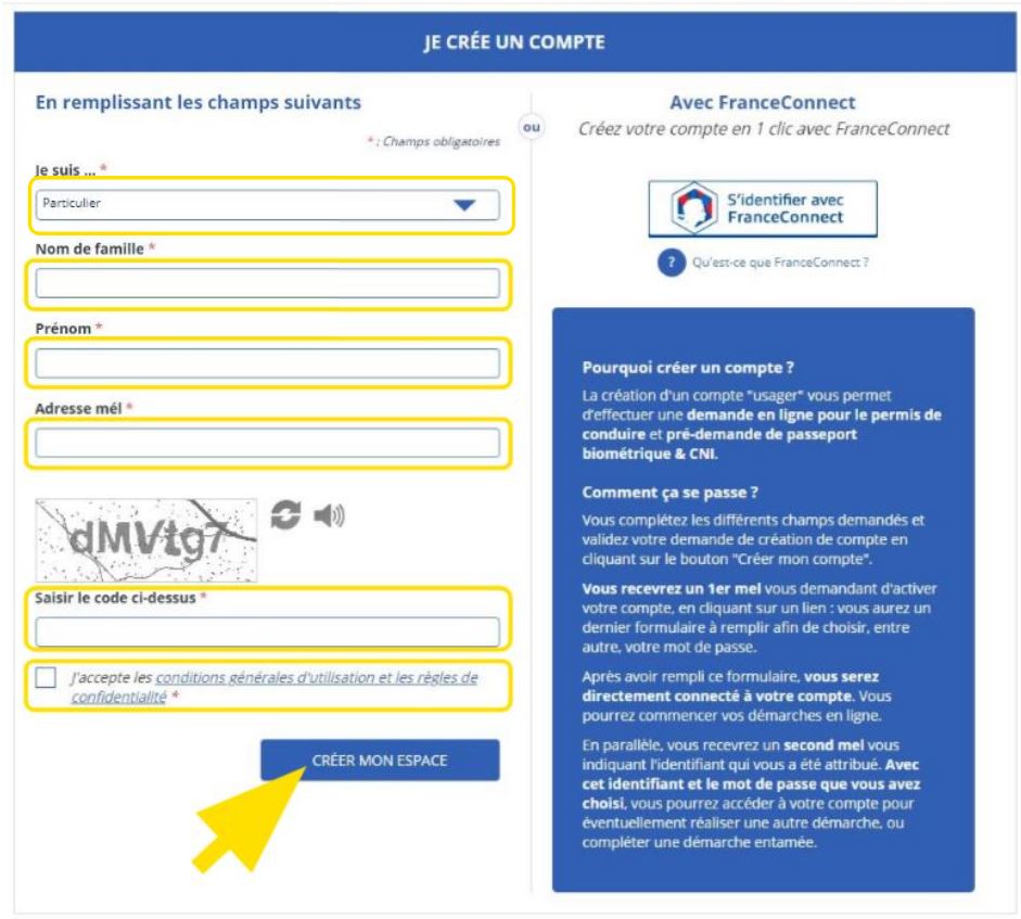 Page pour remplir le formulaire et créer son espace