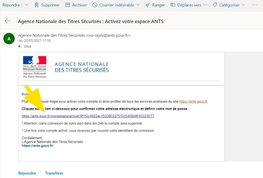 Lien d'activation pour finaliser la création du compte ANTS