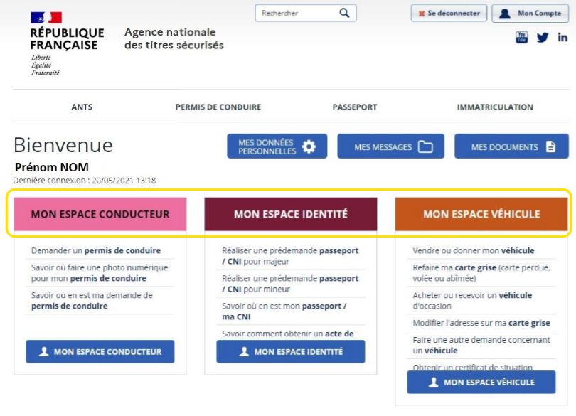 Page d'accueil de l'espace personnel ANTS