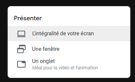 Choisir le mode de partage d'écran sur Google Meets