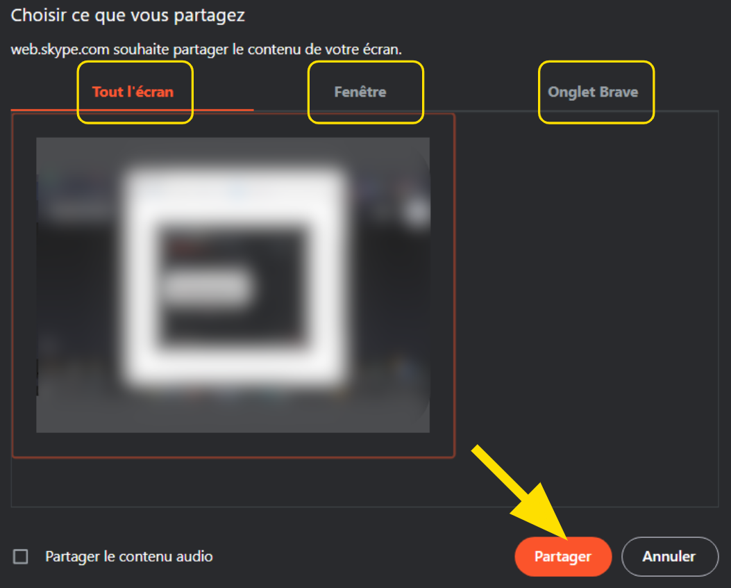Choix du type de partage d'écran sous Skype