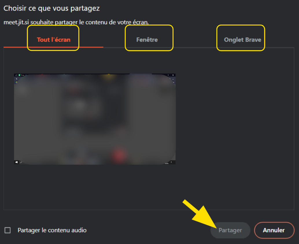 choisir le mode de partage d'écran sur Jitsi