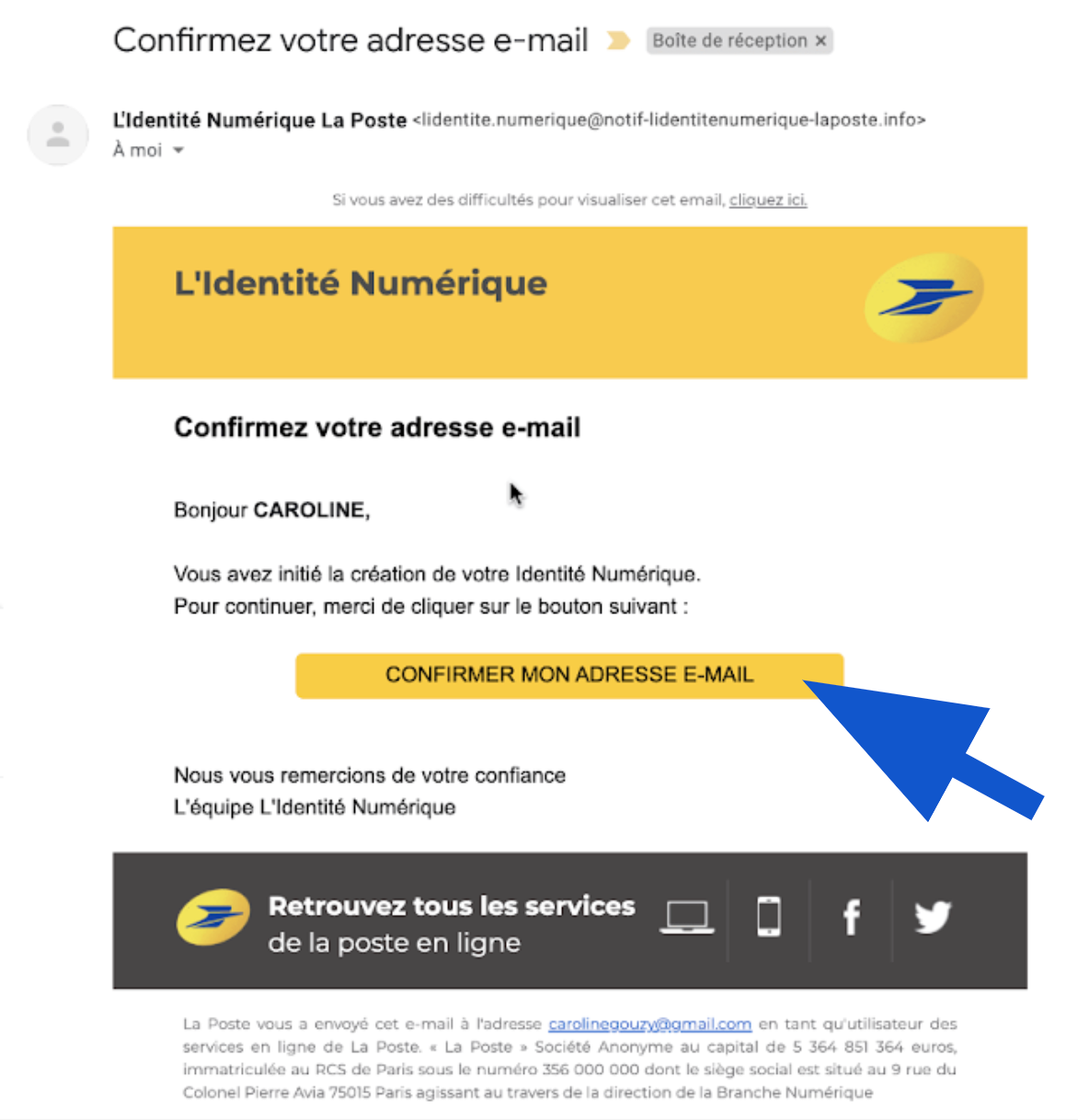 Lien de confirmation de son adresse mail pour créer son identité numérique La Poste