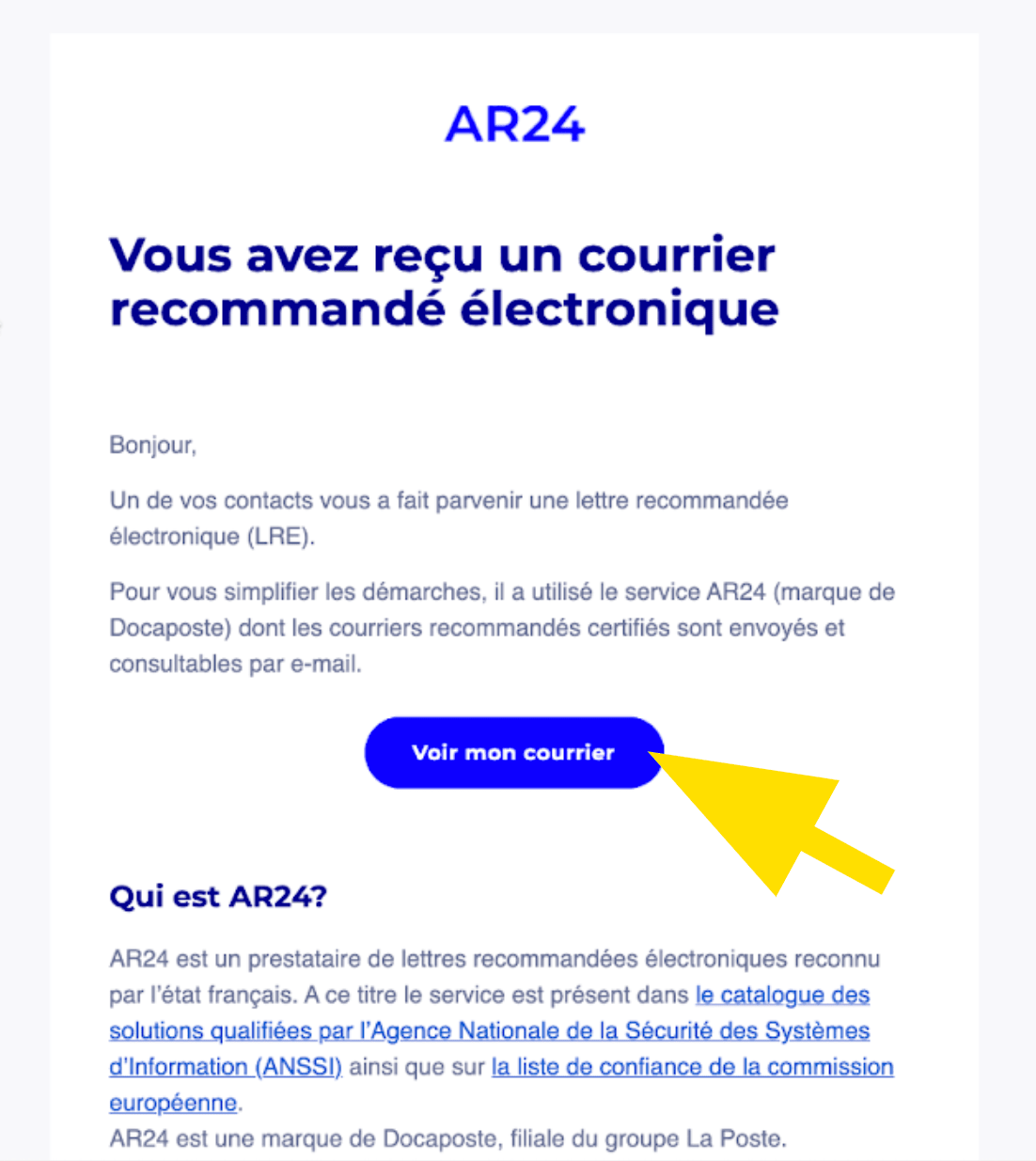 Mail contenant le recommandé électronique de La Poste