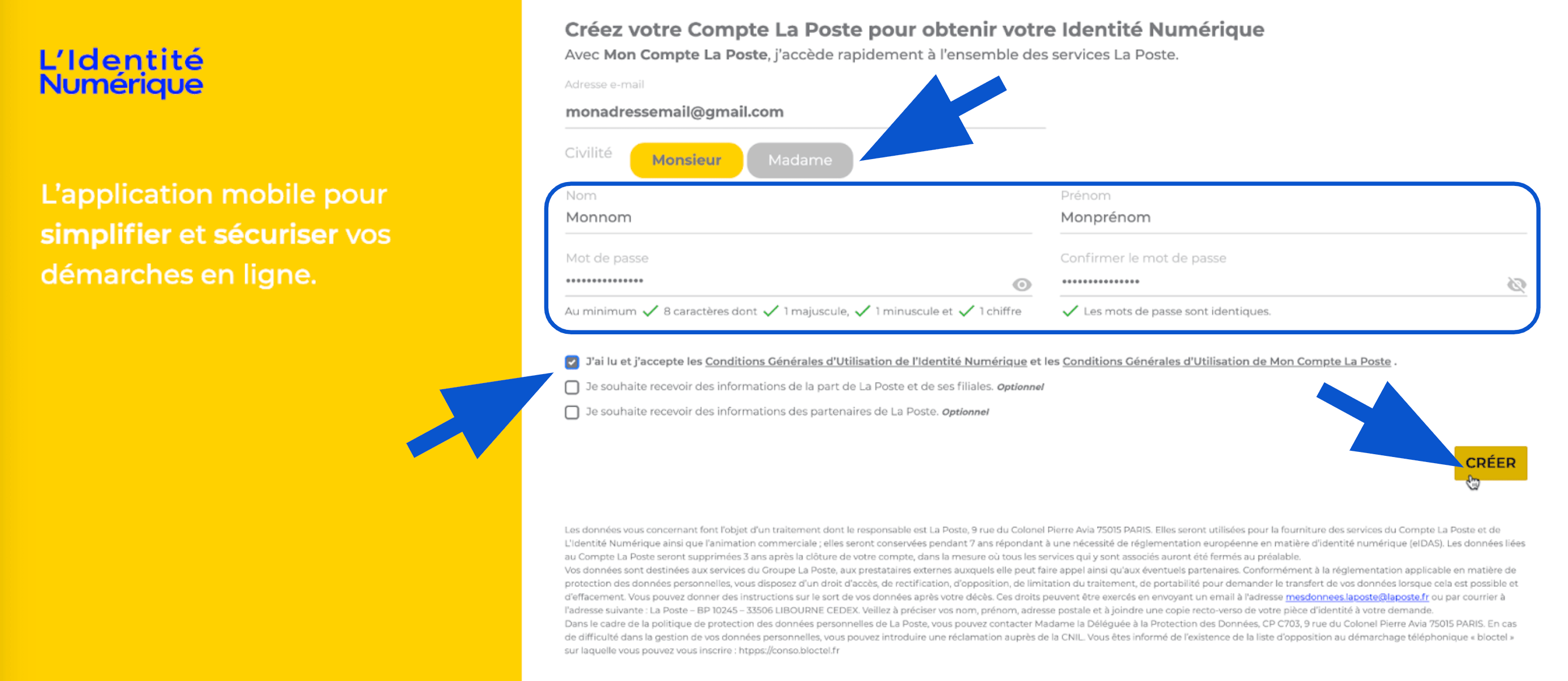 Saisie de ses informations pour créer une identité numérique La Poste