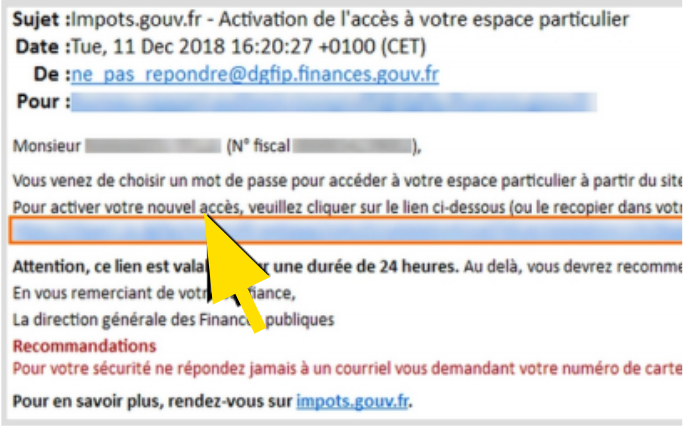 Mail avec lien à cliquer pour activer l'accès à votre espace particulier