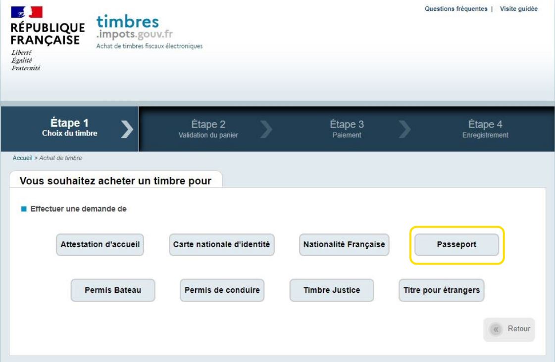 Etape 1 pour choisir pour quelle demande acherter le timbre fiscal en ligne