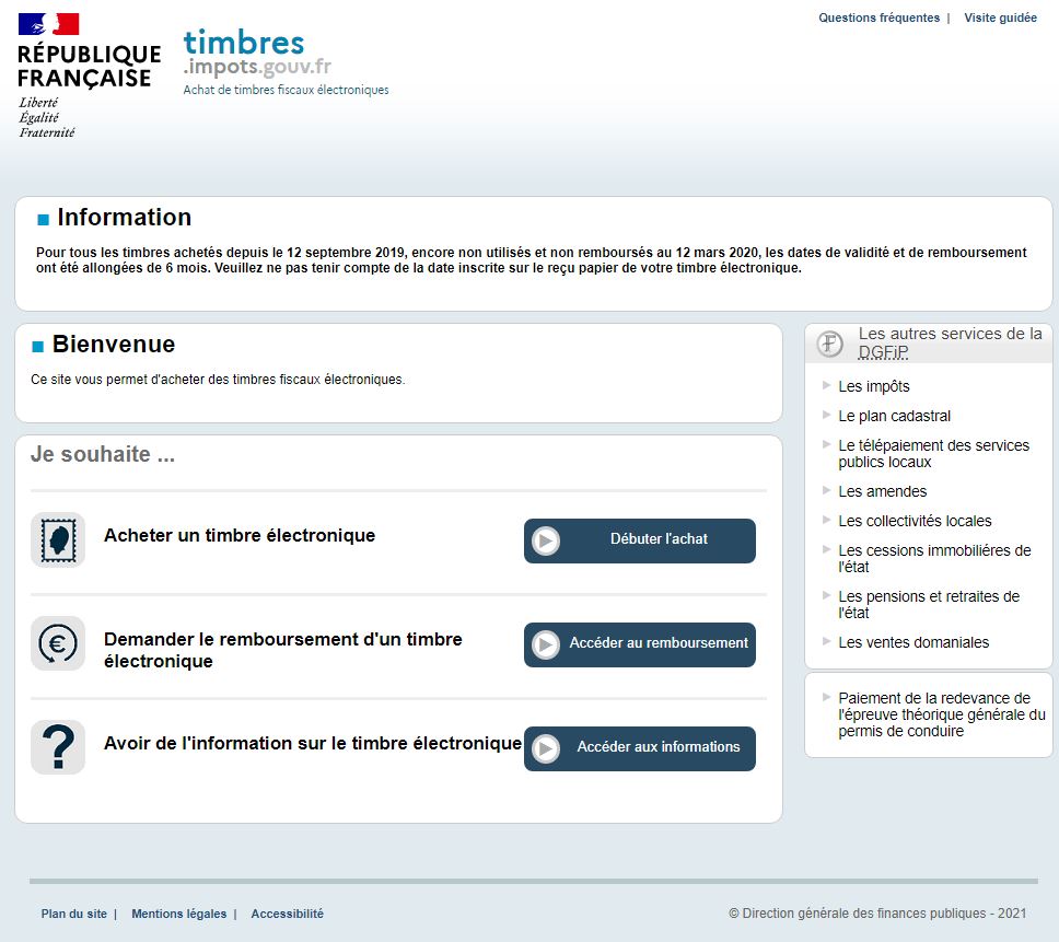 Page d'accueil du site pour acheter un timbre fiscal en ligne