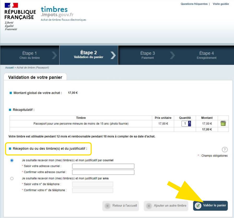 Page de l'étape 2 pour valider le panier de l'achat du timbre fiscal en ligne
