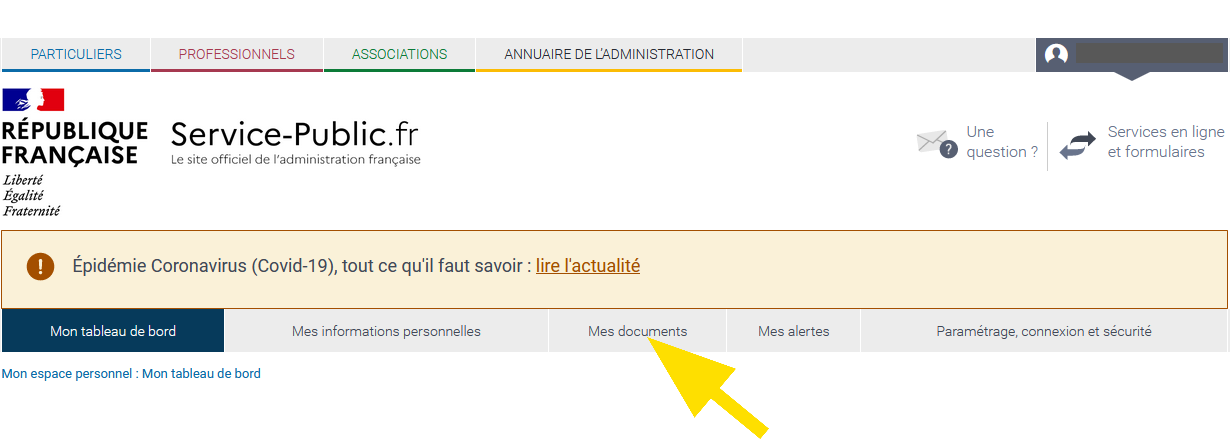 Menu du tableau de bord du compte service-public.fr, avec l'onglet Mes documents pour trouver le récépissé de votre signalement. 