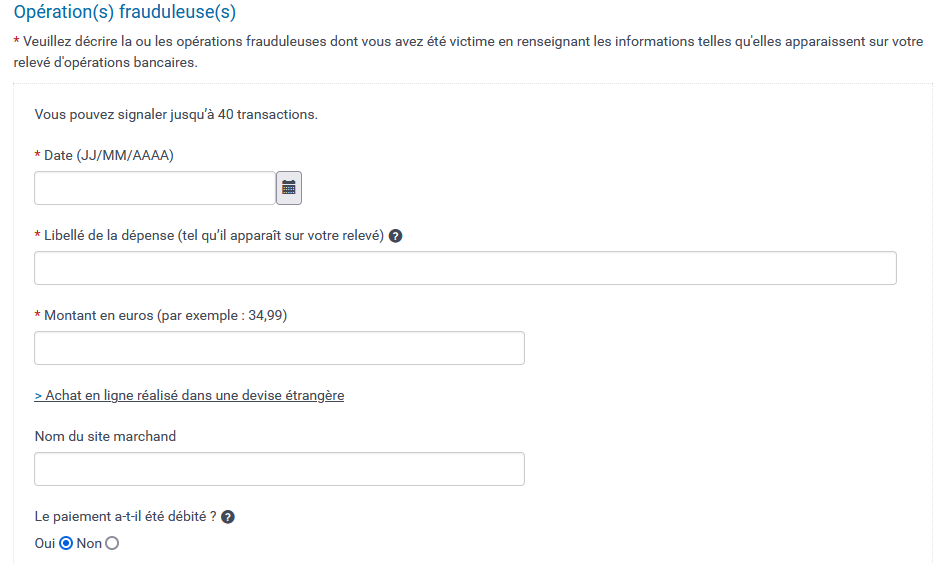 Suite de l'étape 2 sur les opérations frauduleuses. Remplir les champs demandés.