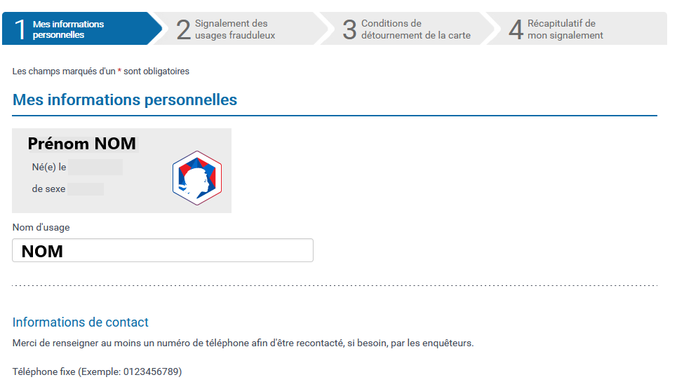 Page de l'étape 1 où indiquer mes informations personnelles
