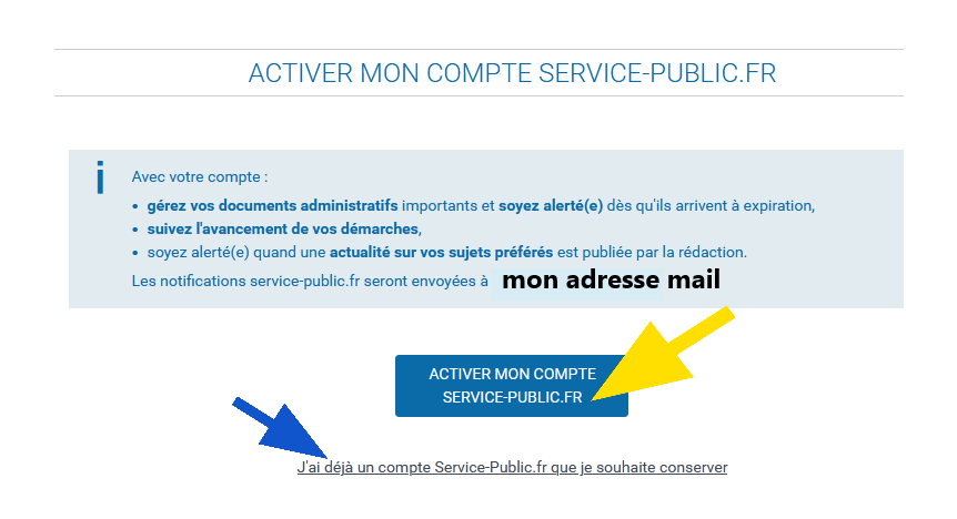 Partie de la page avec le bouton bleu Activer mon compte servicepublic.fr