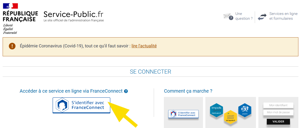 Page avec le bouton S'identifier avec FranceConnect