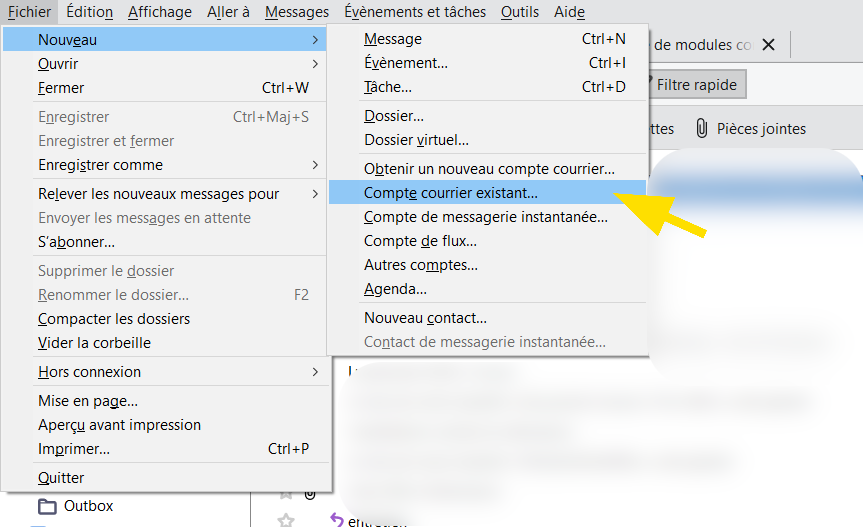 Menu pour ajouter un compte dans Thunderbird