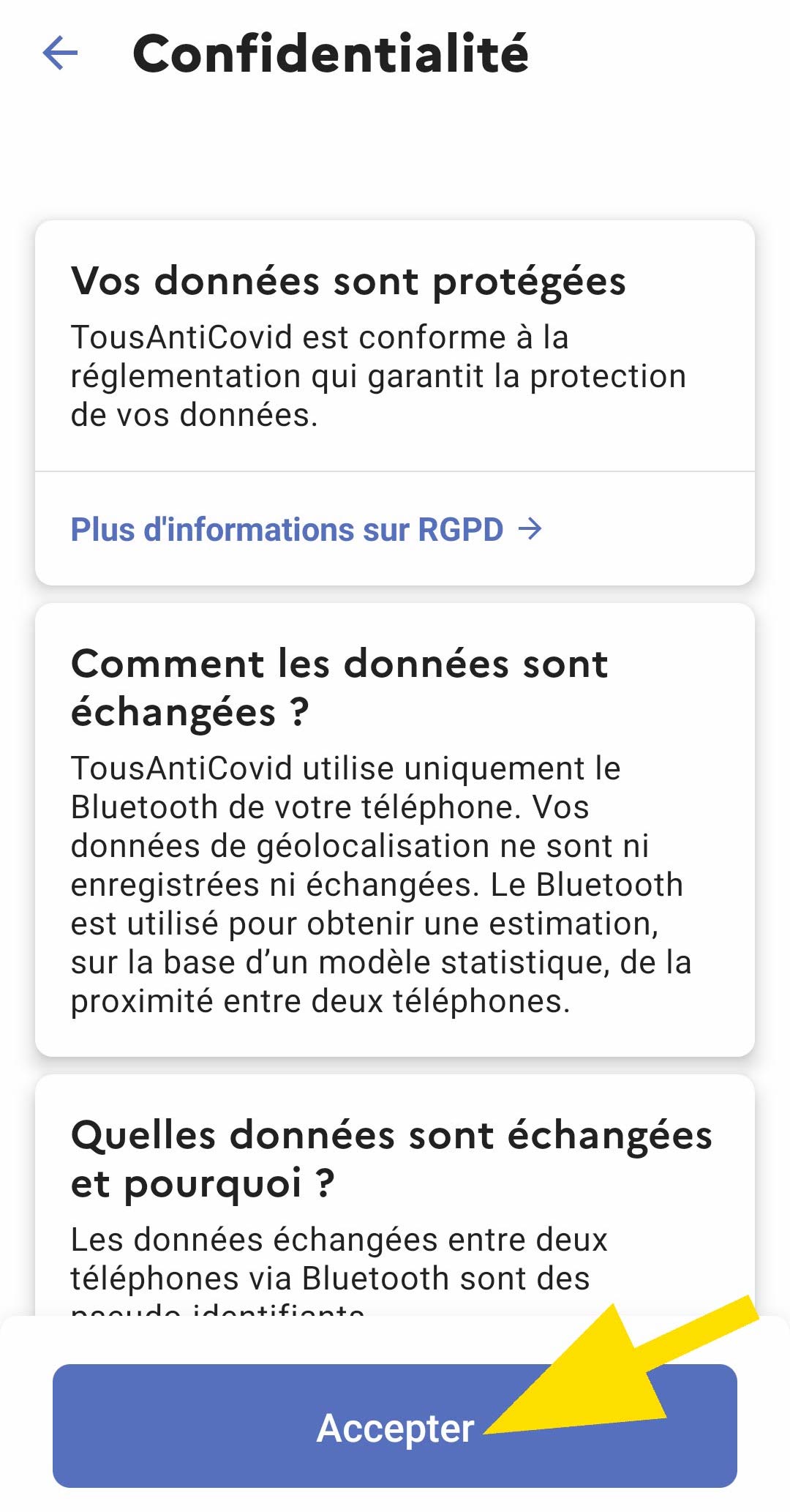 bouton acceptation règles de confidentialité TousAntiCovid