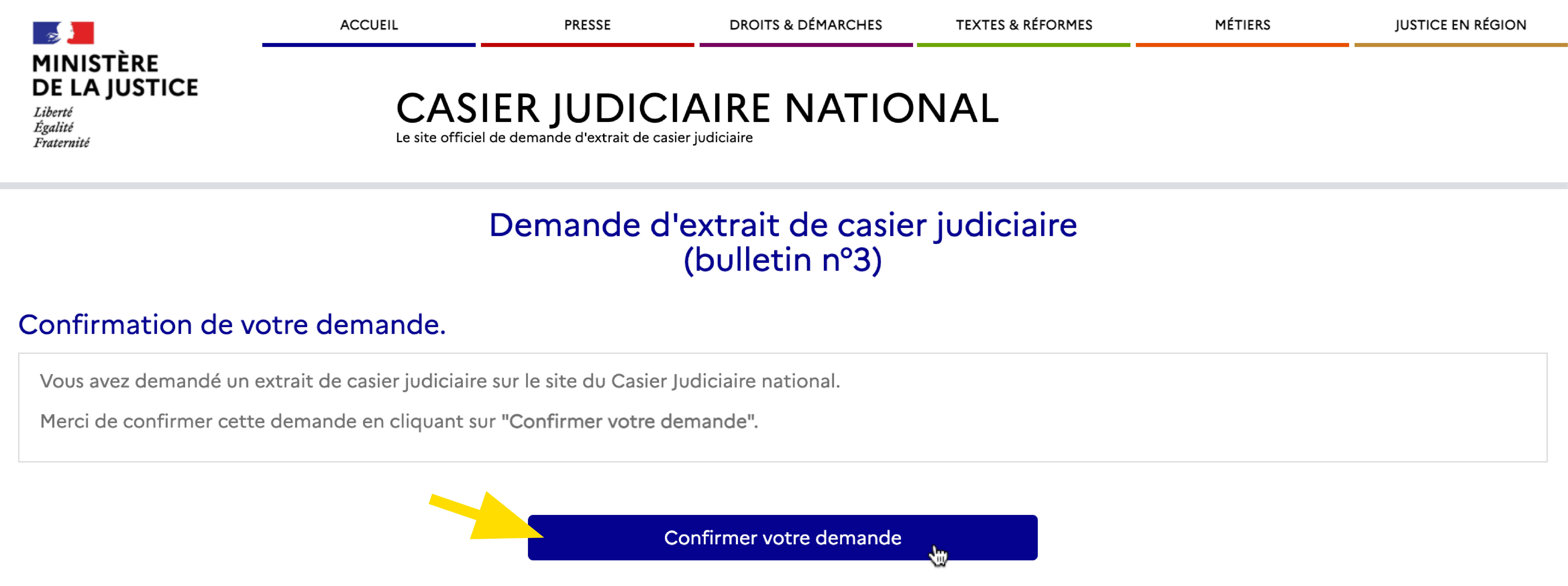 Bouton pour confirmer ma demande d'extrait de casier judiciaire