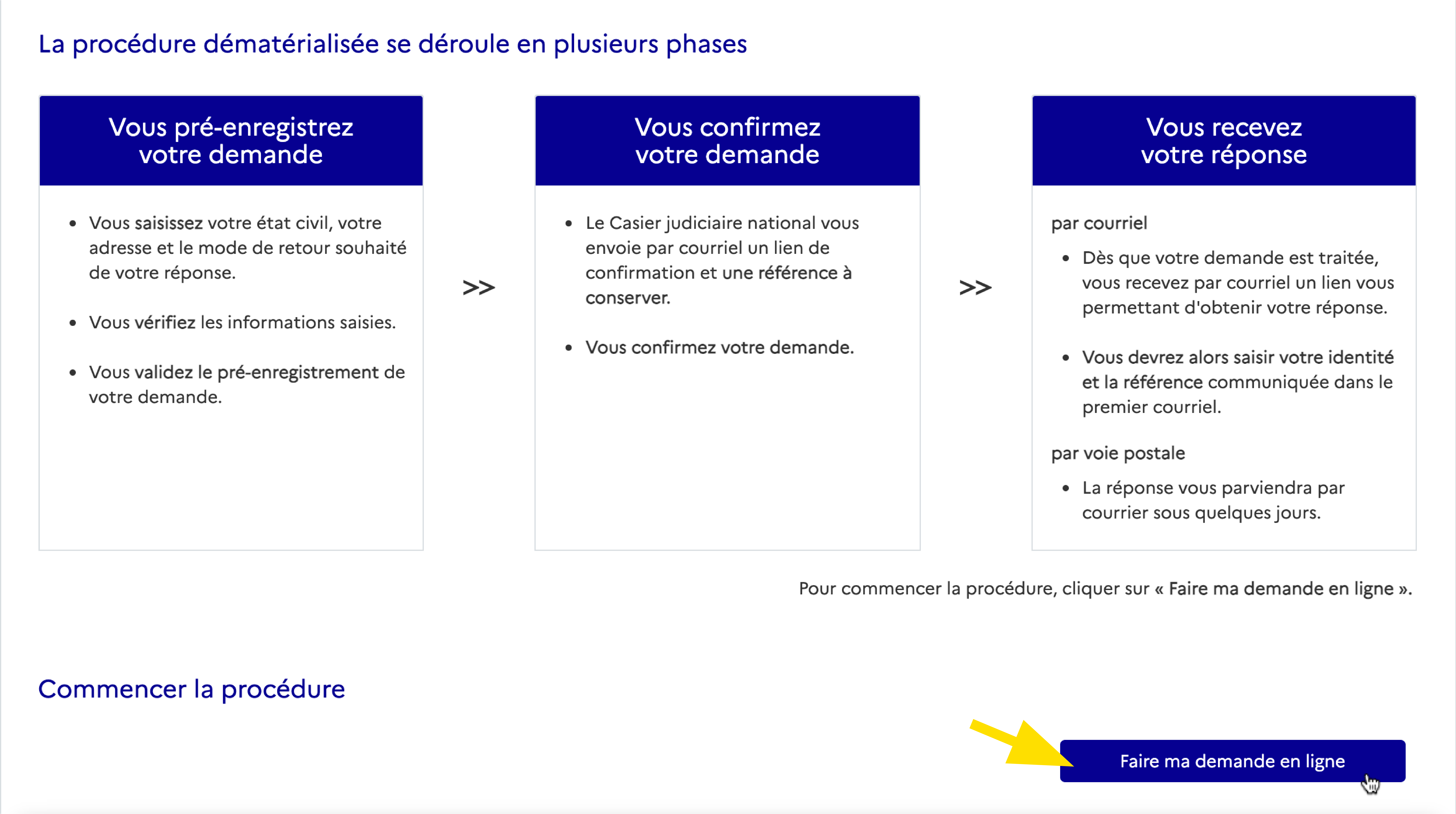 Bouton faire ma demande en ligne d'extrait de casier judiciaire