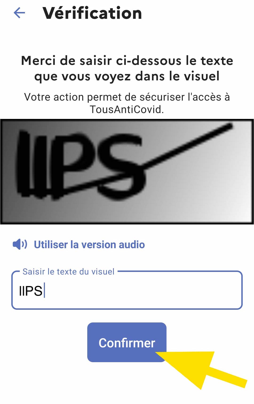 Captcha à confirmer TousAntiCovid