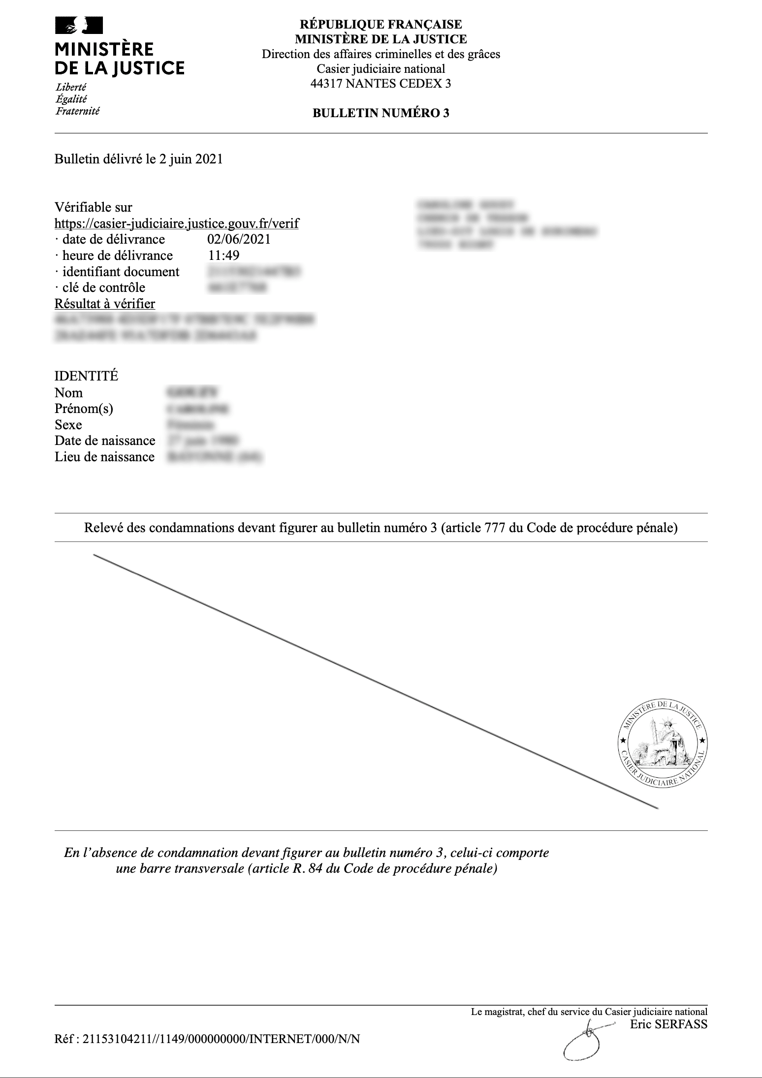 Image d'un extrait de casier judiciaire