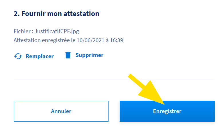 Enregistrer le justificatif sur mon compte CPF