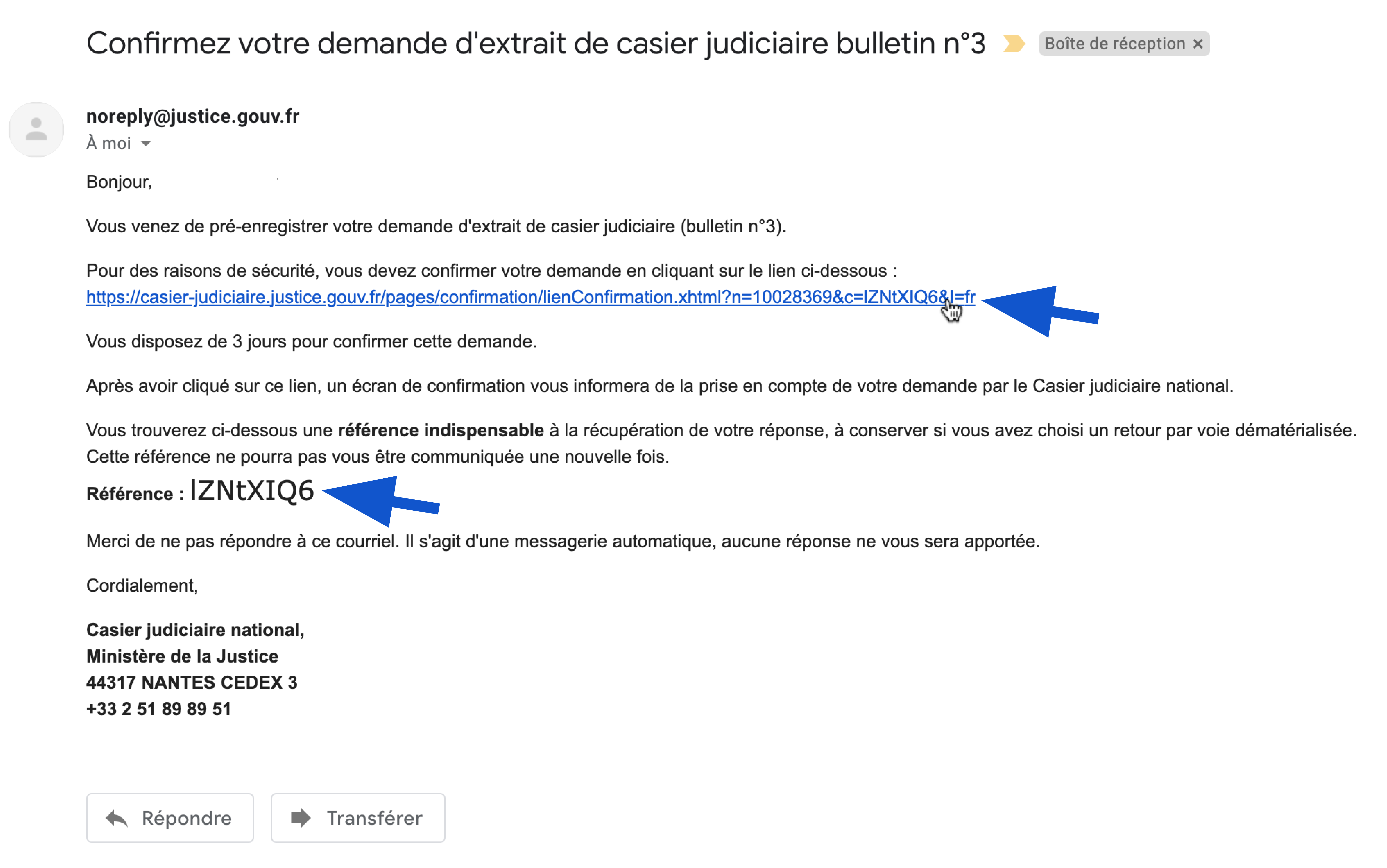 Mail de confirmation de demande d'extrait de casier judiciaire