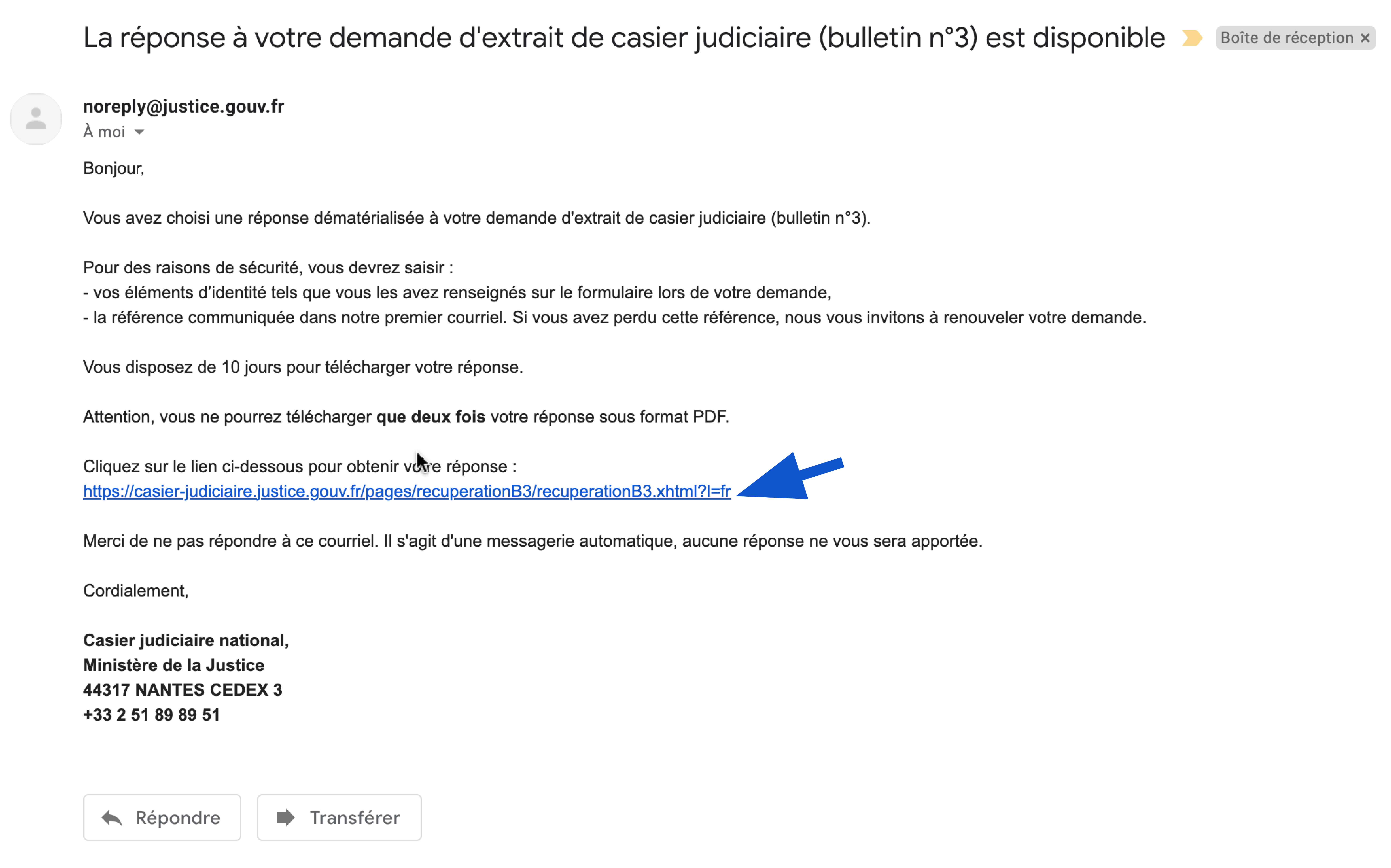 Mail contenant le lien pour télécharger mon extrait de casier judiciaire