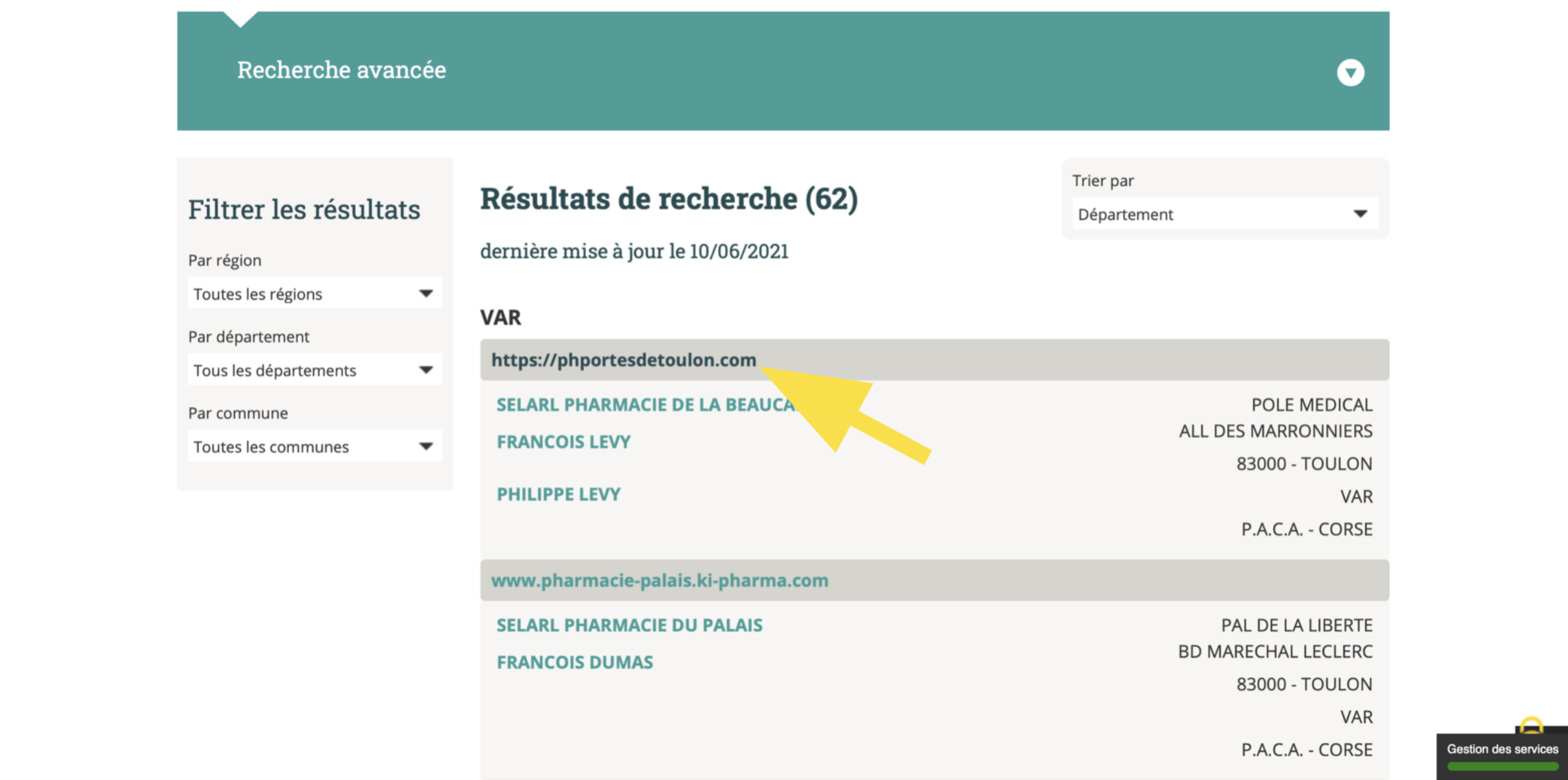 Cliquez sur l'adresse Internet de la pharmacie choisie